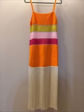 Striped Fringe Knit Maxi Dress in Orange, Pink & Cream